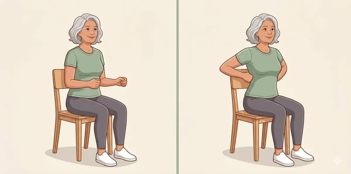 Seated Shoulder-Blade Squeeze: the starting position on the left and the finishing position on the right
