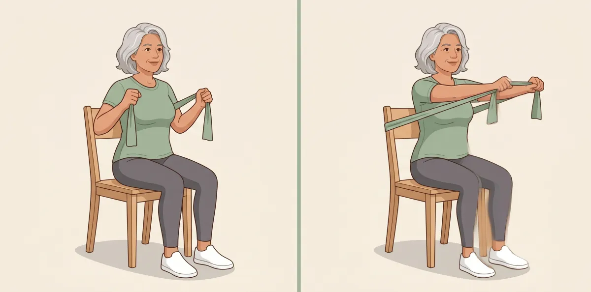 Seated Chest Press: the starting position on the left and the finishing position on the right
