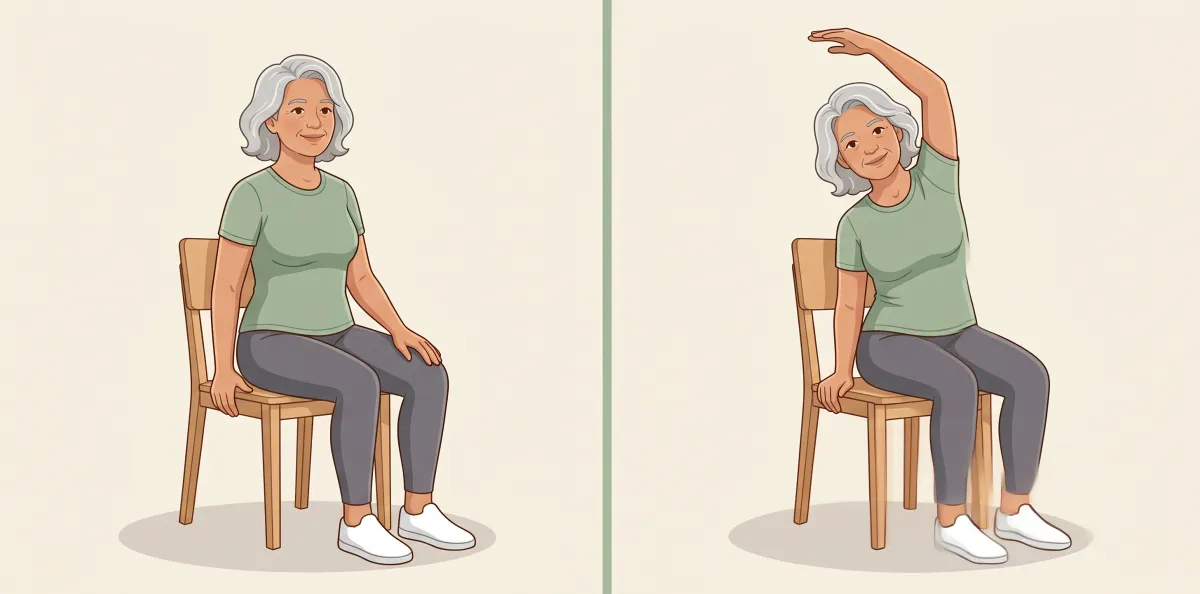 Seated Side Stretch: the starting position on the left and the finishing position on the right
