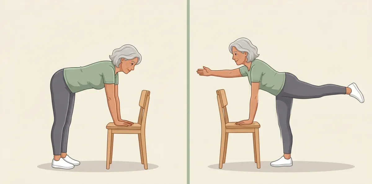 Chair Bird-Dog: the starting position on the left and the finishing position on the right