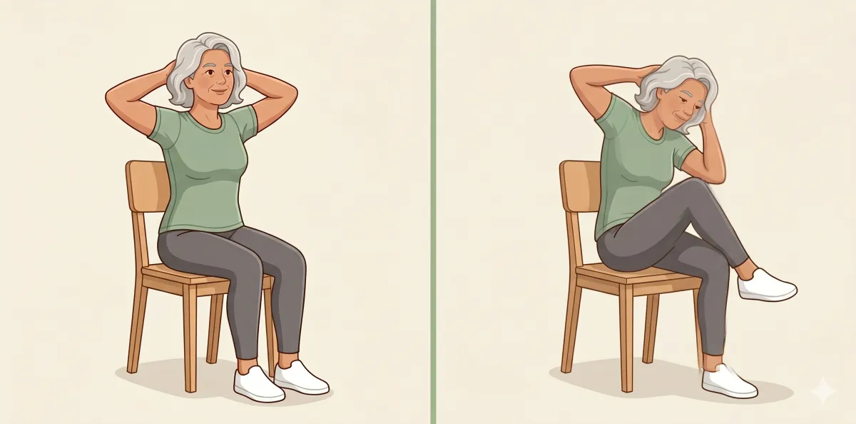 Seated Knee-to-Elbow: the starting position on the left and the finishing position on the right