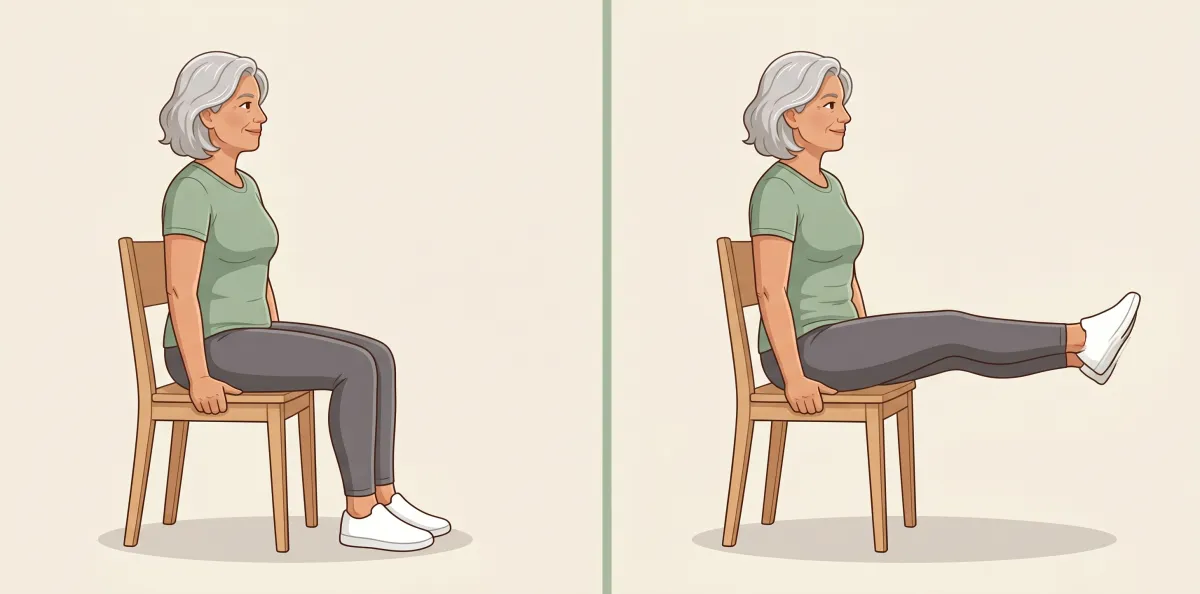 Seated Leg Raise: the starting position on the left and the finishing position on the right
