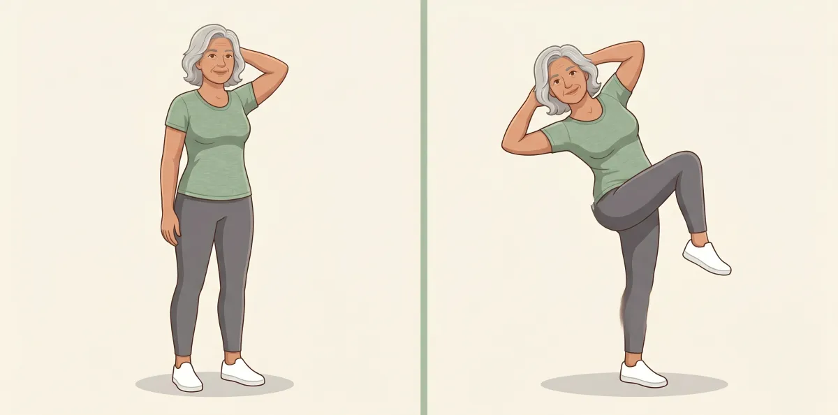 Standing Side Crunch: the starting position on the left and the finishing position on the right