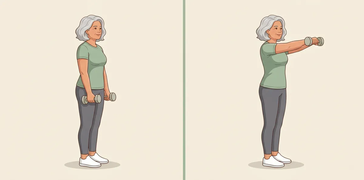Dumbbell Front Raise: the starting position on the left and the finishing position on the right