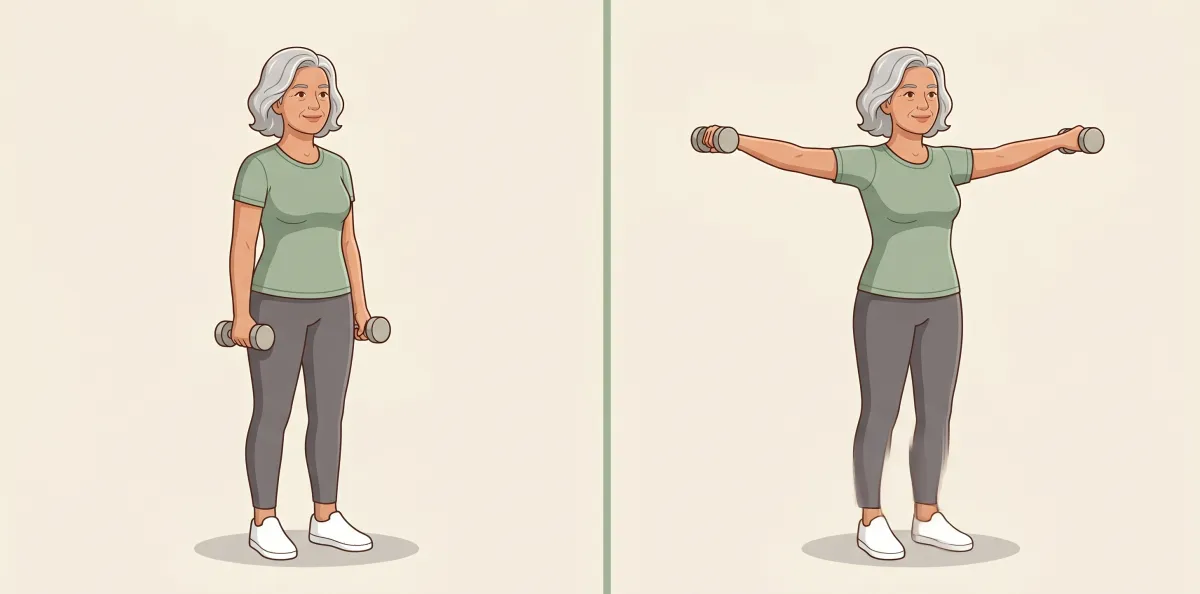 Dumbbell Lateral Raise: the starting position on the left and the finishing position on the right