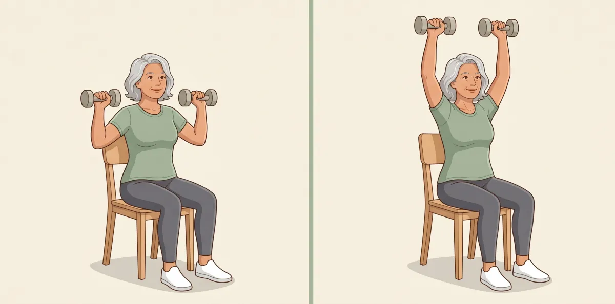 Dumbbell Overhead Press: the starting position on the left and the finishing position on the right