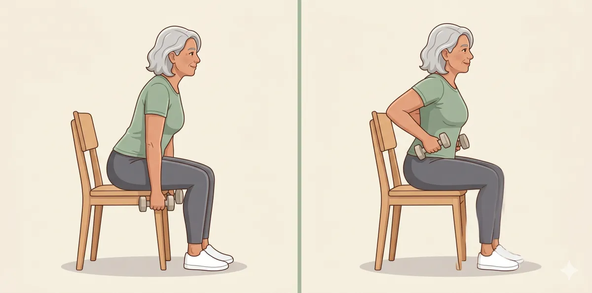 Seated Dumbbell Row: the starting position on the left and the finishing position on the right
