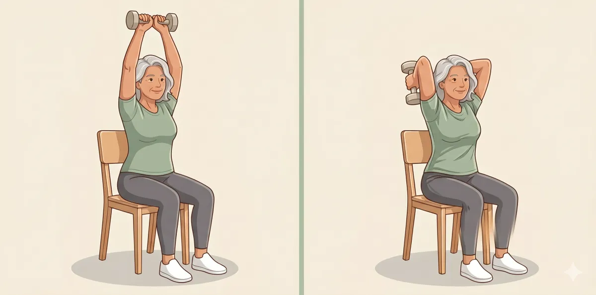 Overhead Triceps Extension: the starting position on the left and the finishing position on the right