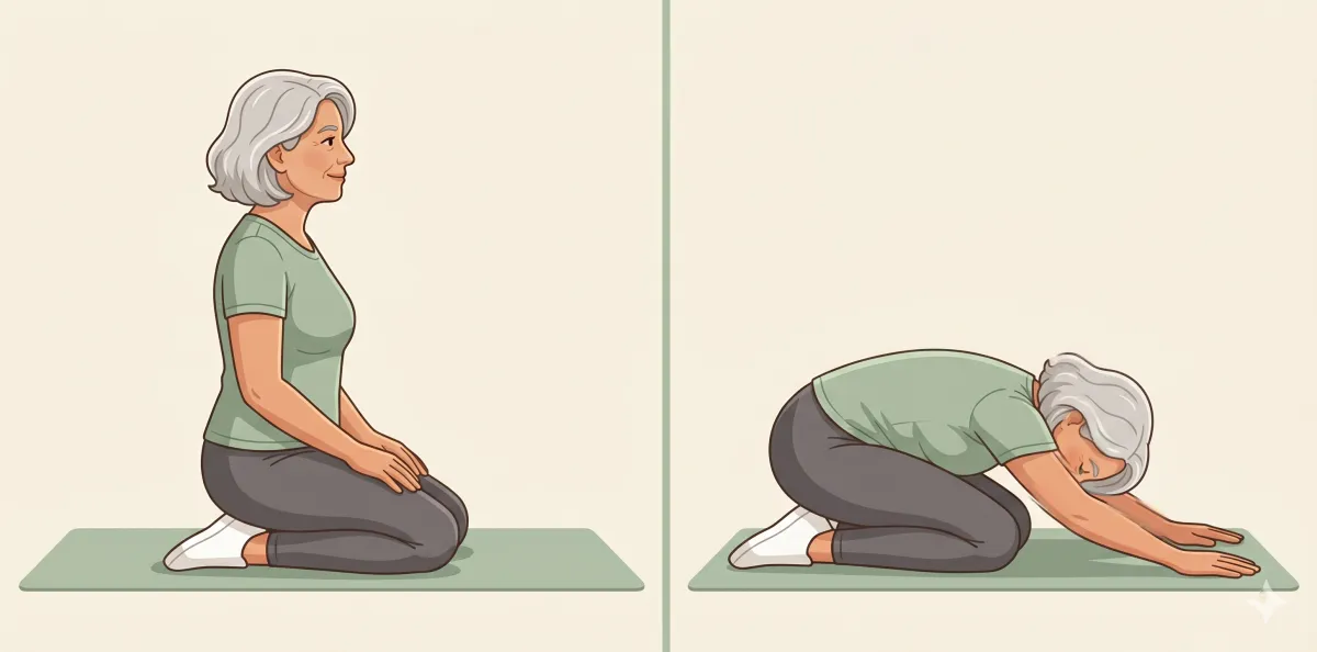 Child's Pose: the starting position on the left and the finishing position on the right