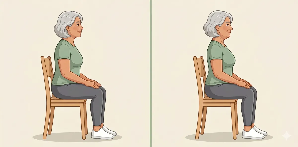 Seated Chin Tuck: the starting position on the left and the finishing position on the right