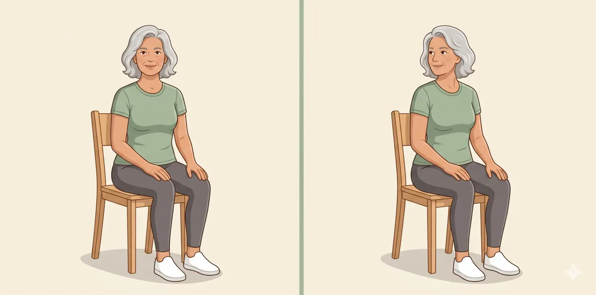 Seated Neck Rotation: the starting position on the left and the finishing position on the right
