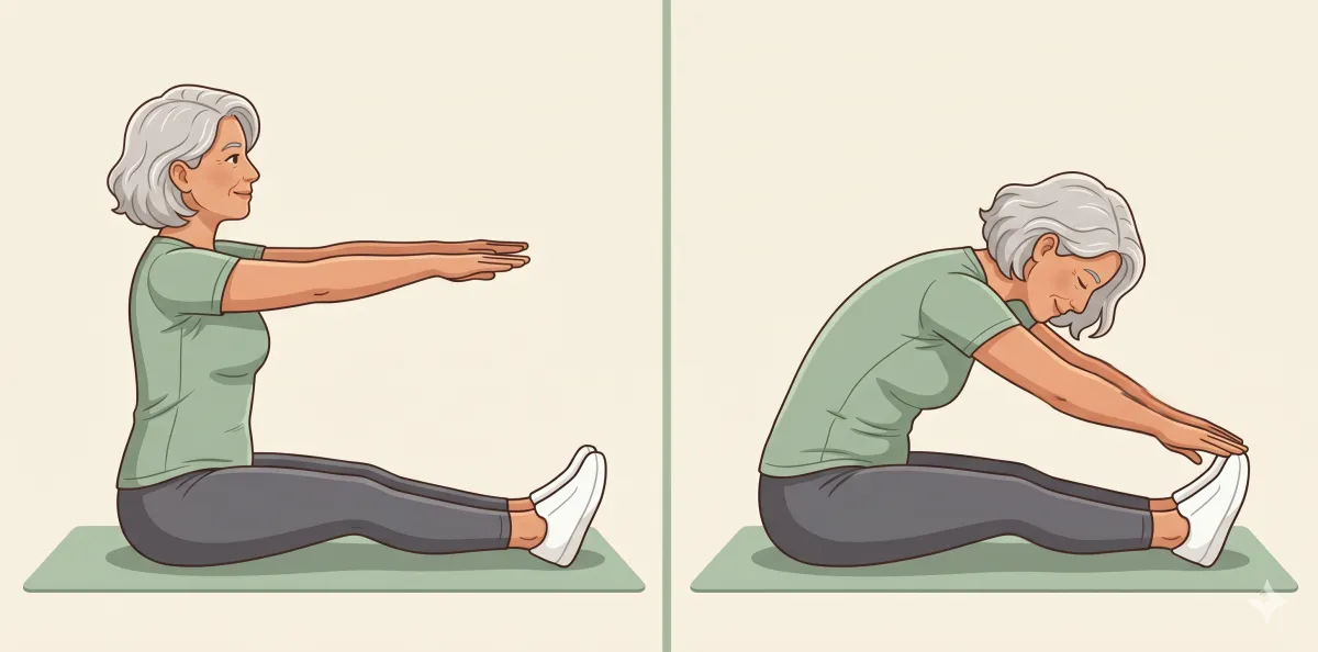Seated Spine Stretch: the starting position on the left and the finishing position on the right