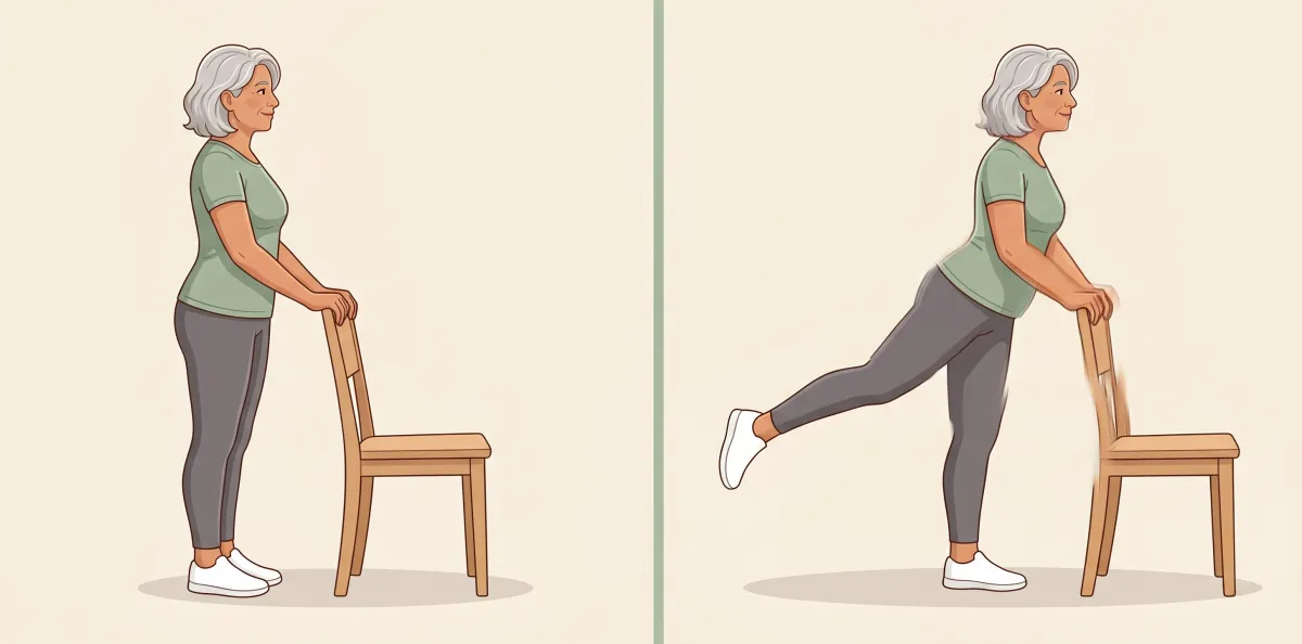 Standing Back Leg Raise: the starting position on the left and the finishing position on the right
