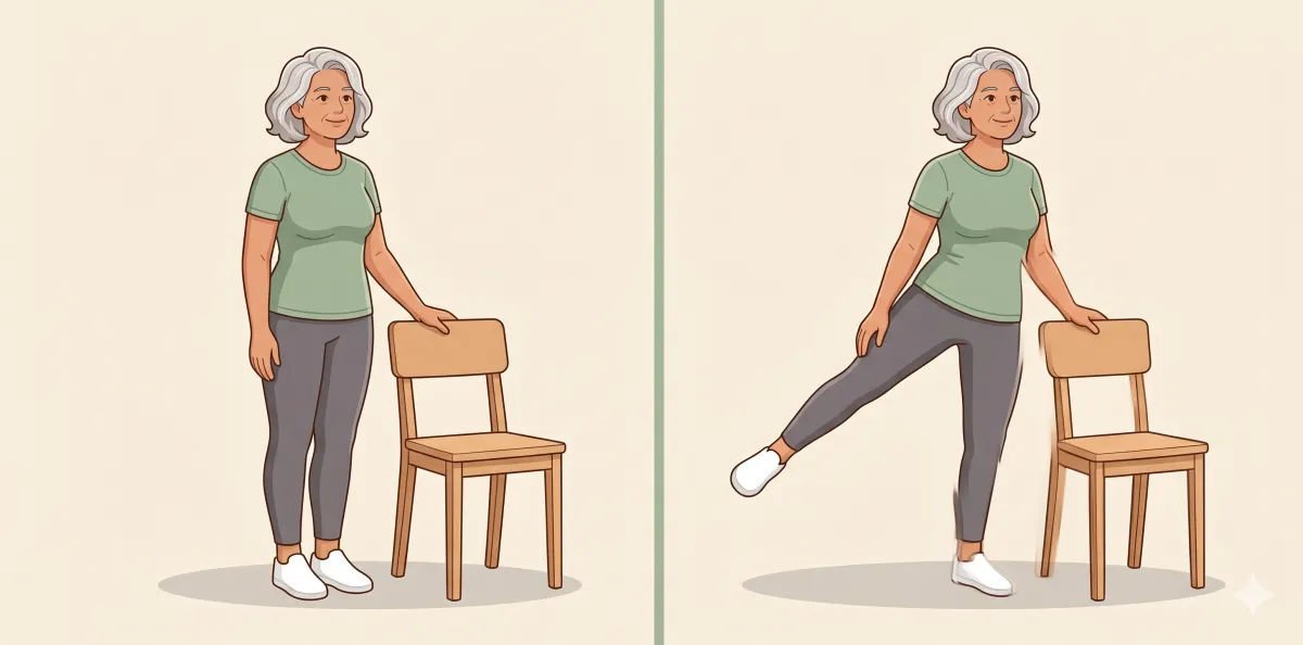 Standing Side Leg Raise: the starting position on the left and the finishing position on the right