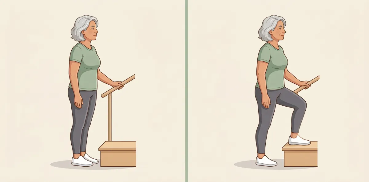 Supported Step-Up: the starting position on the left and the finishing position on the right