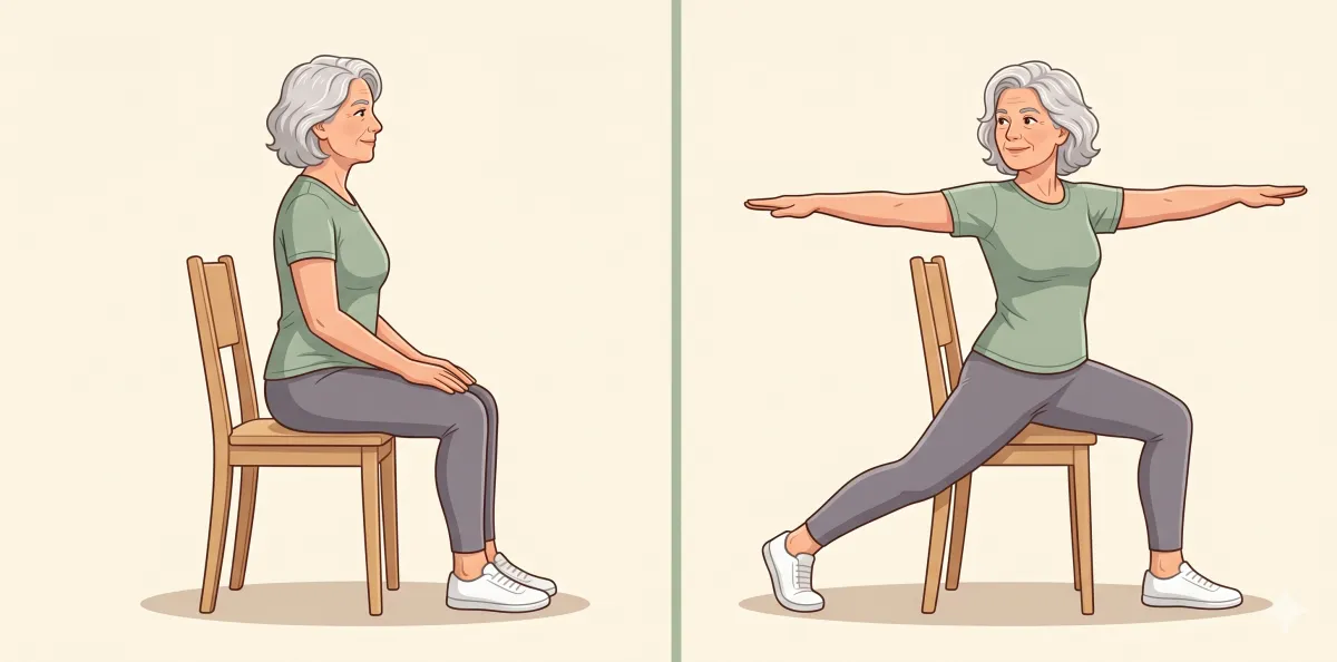 Chair Warrior: the starting position on the left and the finishing position on the right