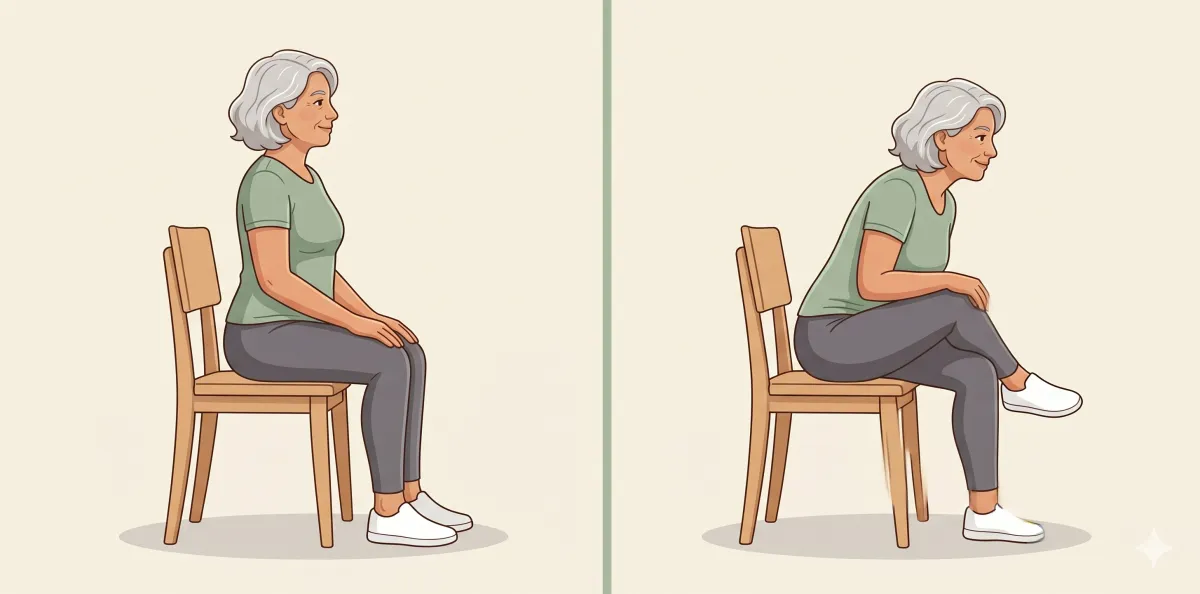 Seated Figure-Four Stretch: the starting position on the left and the finishing position on the right