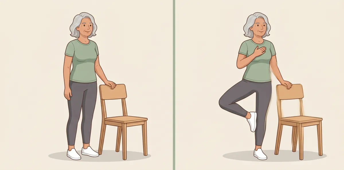 Supported Tree Pose: the starting position on the left and the finishing position on the right